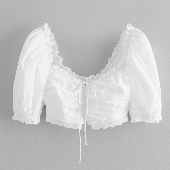 White Front Cross Lacing Square Collar Crop Top - Picture 1 of 8